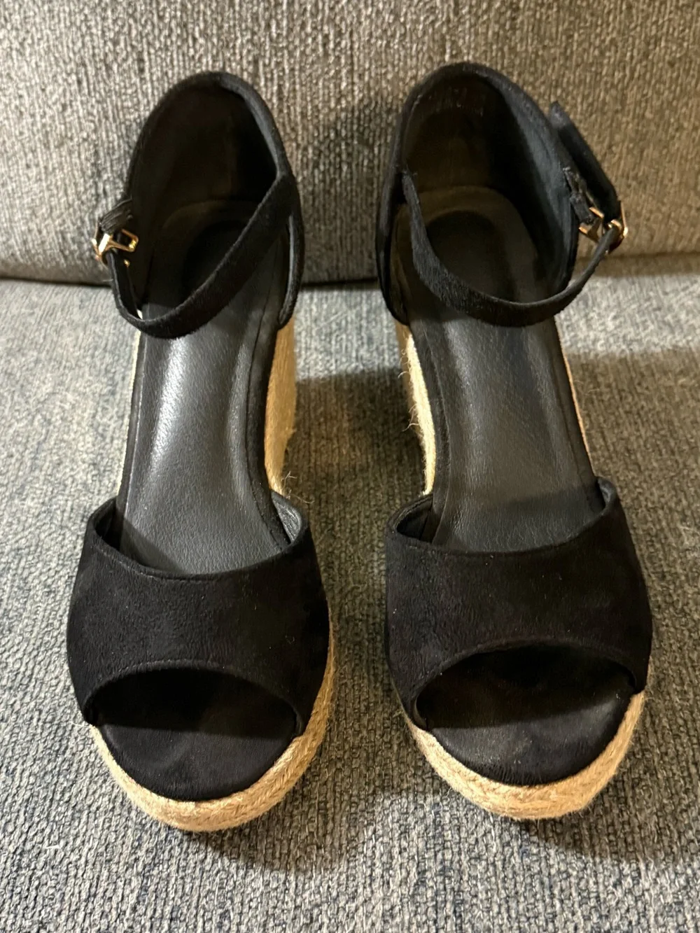 Black Suede Espadrille Wedge Sandals with Ankle Strap